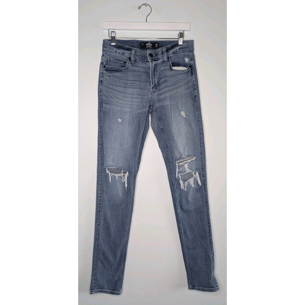 Hollister Mens 30x32 Stacked Skinny Light Wash Distressed Ripped Knees Jeans